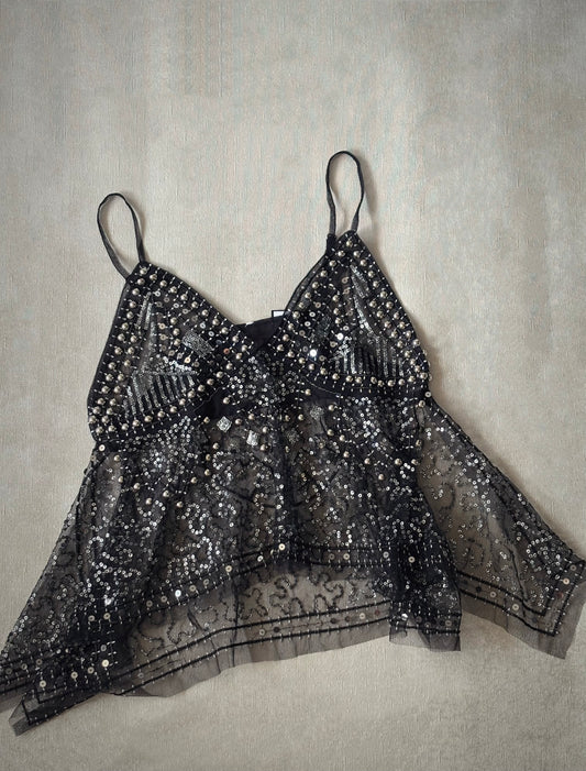 Top Transparente Negro de Encaje con Brillos | Starfish